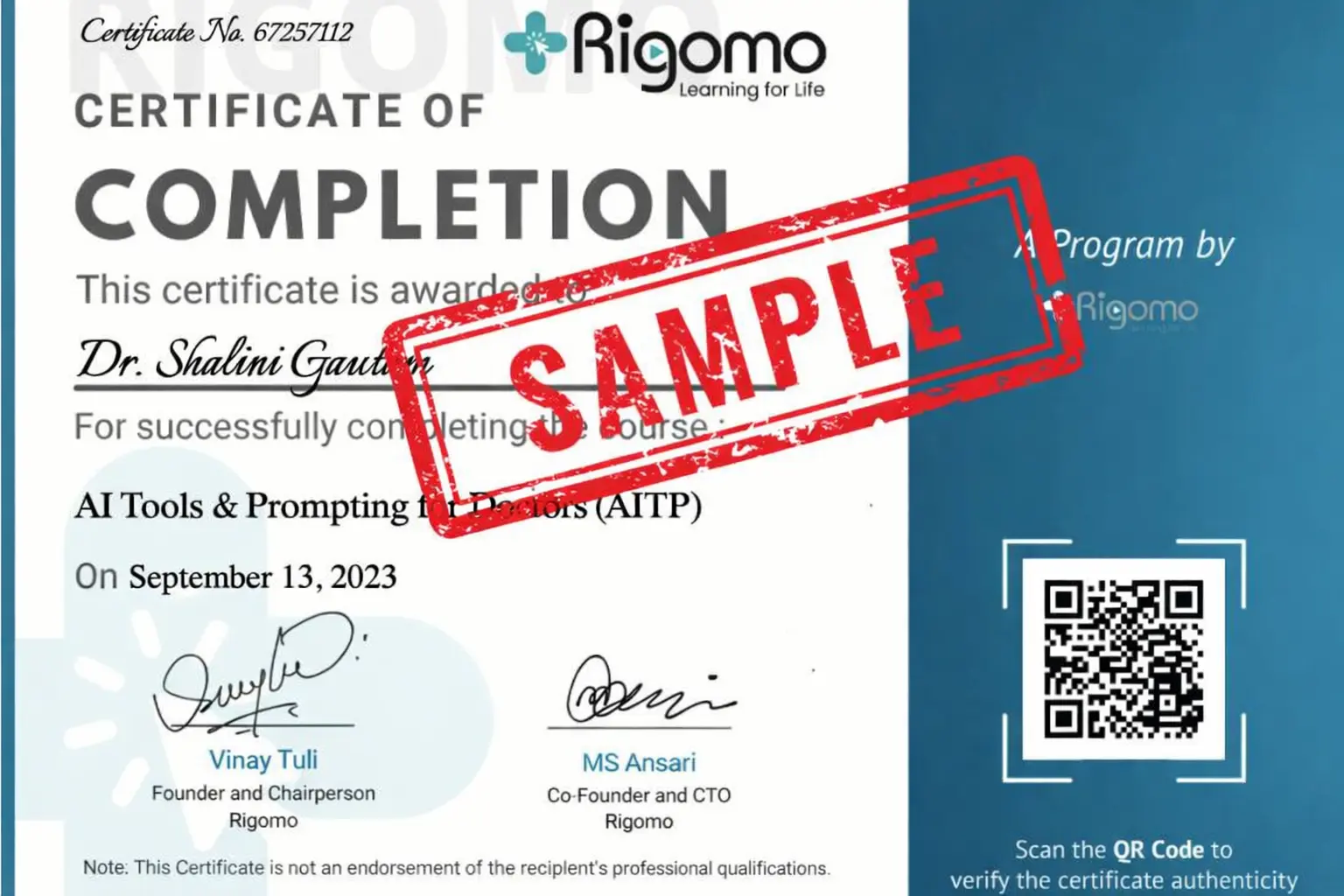 Sample course completion certificate